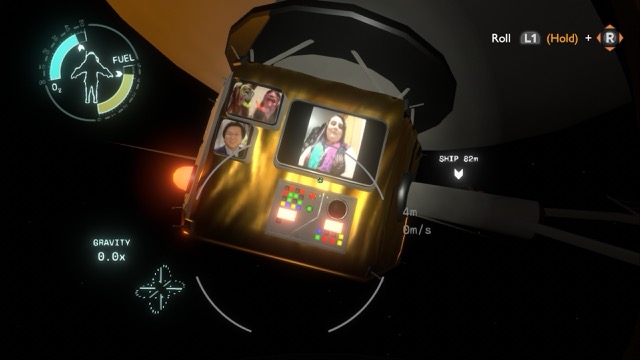 Screenshot from Outer Wilds showing a satellite that displays a photos of humans on the screen. Seems like an easter egg?